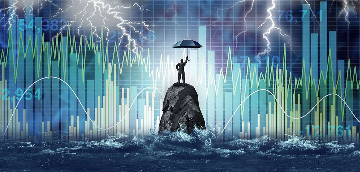 Mann mit Schirm auf Felsen in stürmischer See mit Gewitter und digitalen Diagramm-Balken