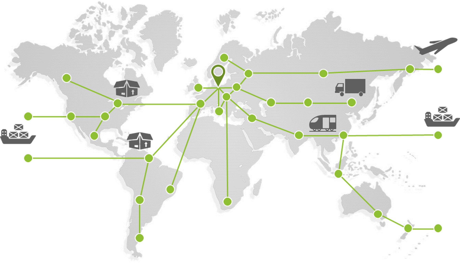 Illustration Weltkarte mit Logistikwegen und -symbolen