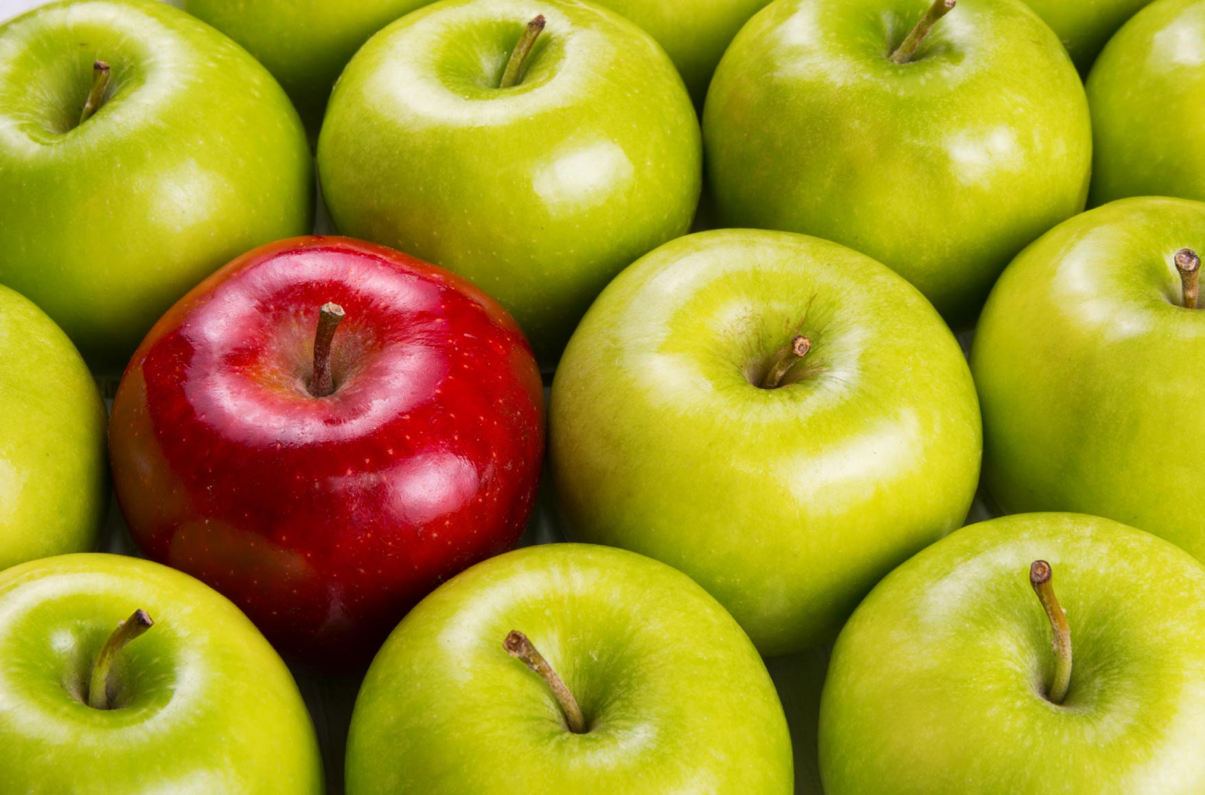 Viele grüne Äpfel und mittendrin ein roter